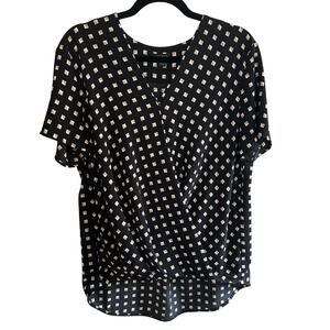 Ann Taylor Women's Geo Wrap Front Black Ruffle Short Sleeve Blouse Size Large